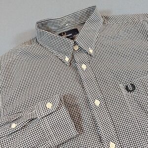 Fred Perry Mens Button Down Long Sleeve Shirt Size L Gingham Check Black White